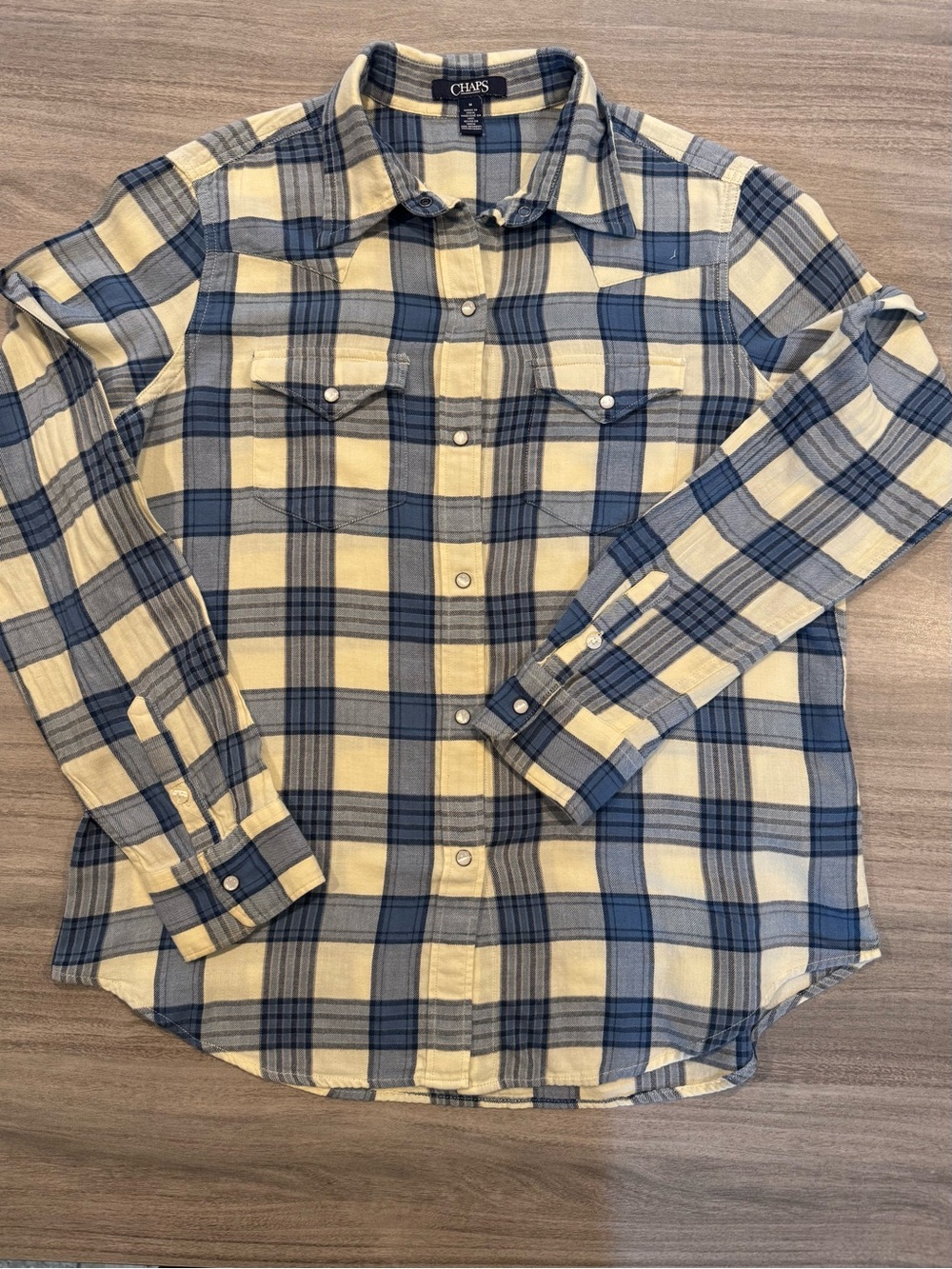 Women’s Chaps Blue and Cream Plaid Snap Up Shirt SZ M, PTP 20”, Length 26”